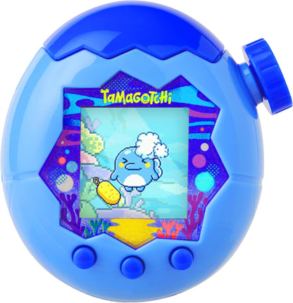 Tamagotchi Paradise Blue Water digital pet device front view showing the vibrant blue translucent shell and colored screen.