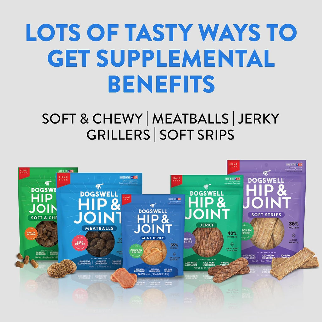 Healthy dog eating Dogswell hip and joint jerky