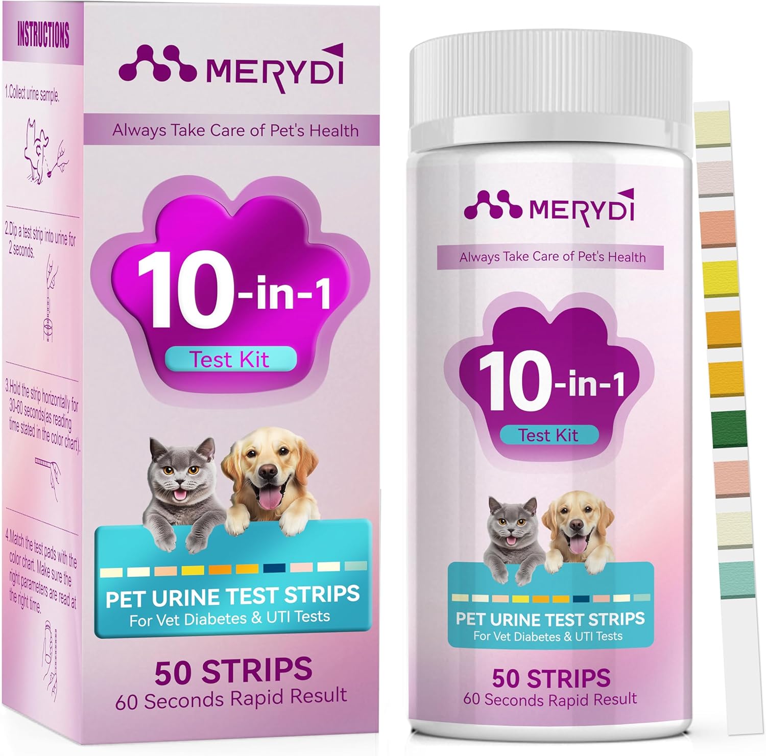 Merydi Dog and Cat Urine Test Strips front view showing 10-way testing parameters.