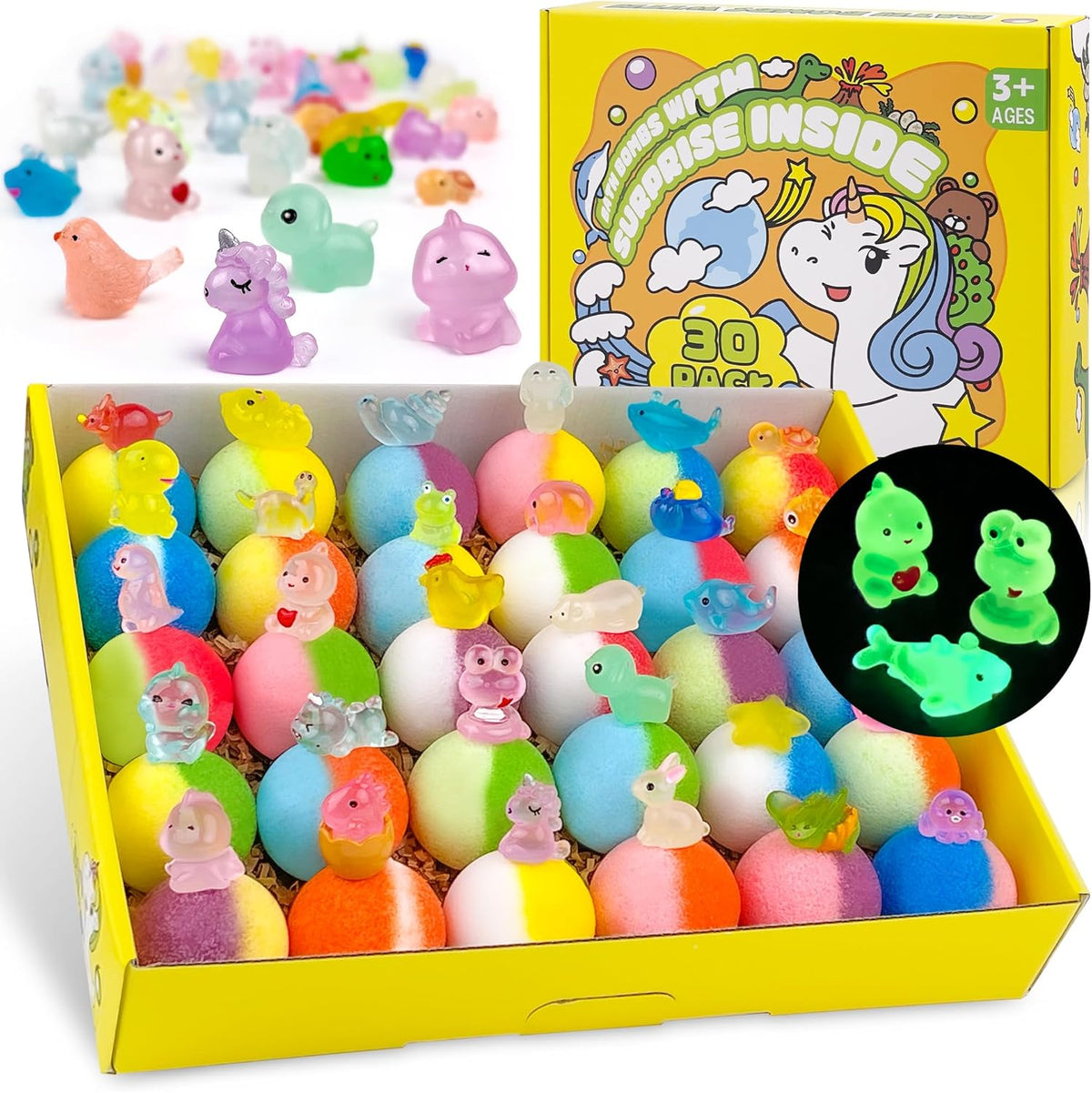 Yekery bath bombs for kids front view showing yellow gift box and colorful packaging