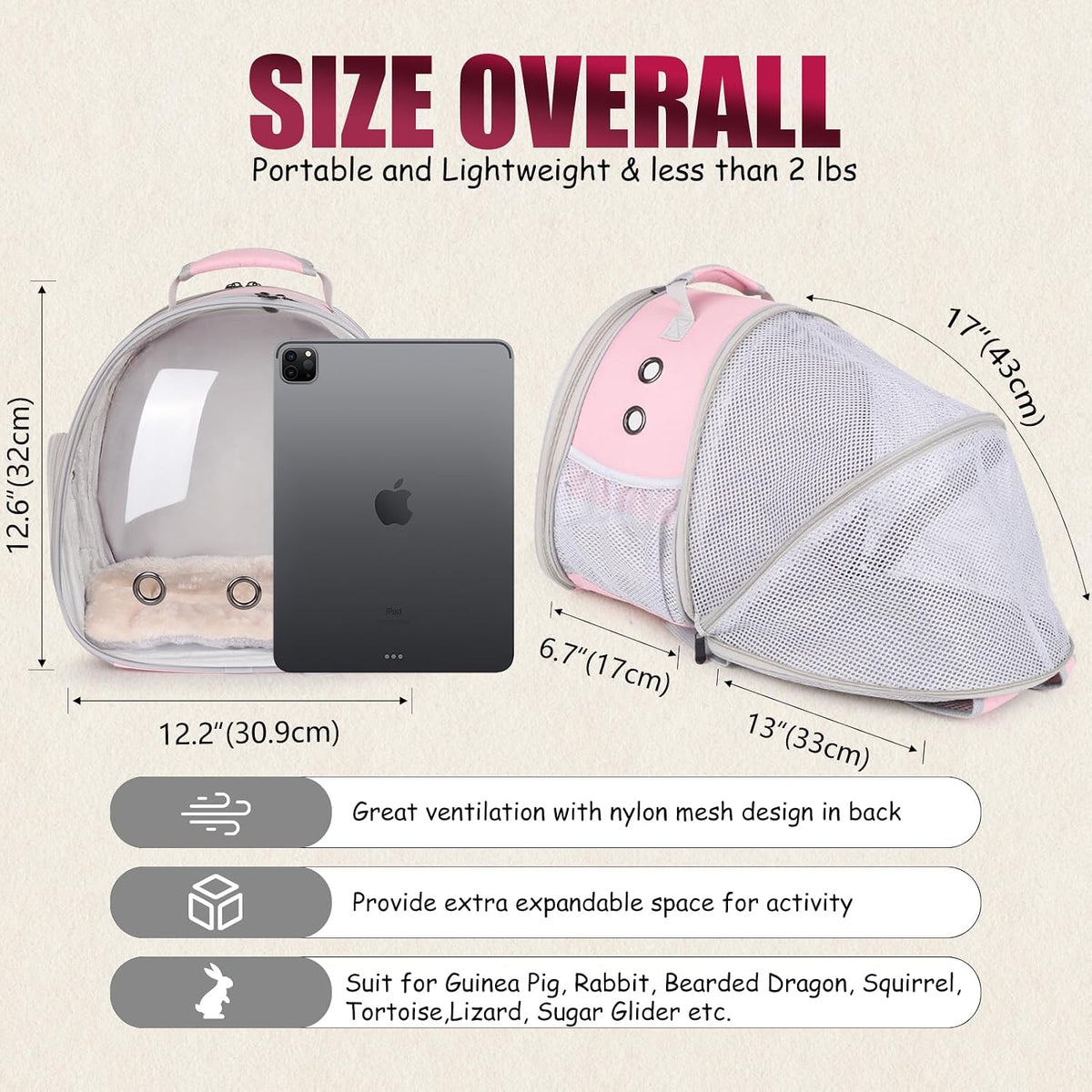Back Expandable Backpack for Small Animals, Portable Travel Bag Breathable Pet Carrier Cages for Bunny, Guinea Pig, Bearded Dragon, Lizard, Rabbit, Squirrel, Tortoise, Kitten, Sugar Glider - Image 4