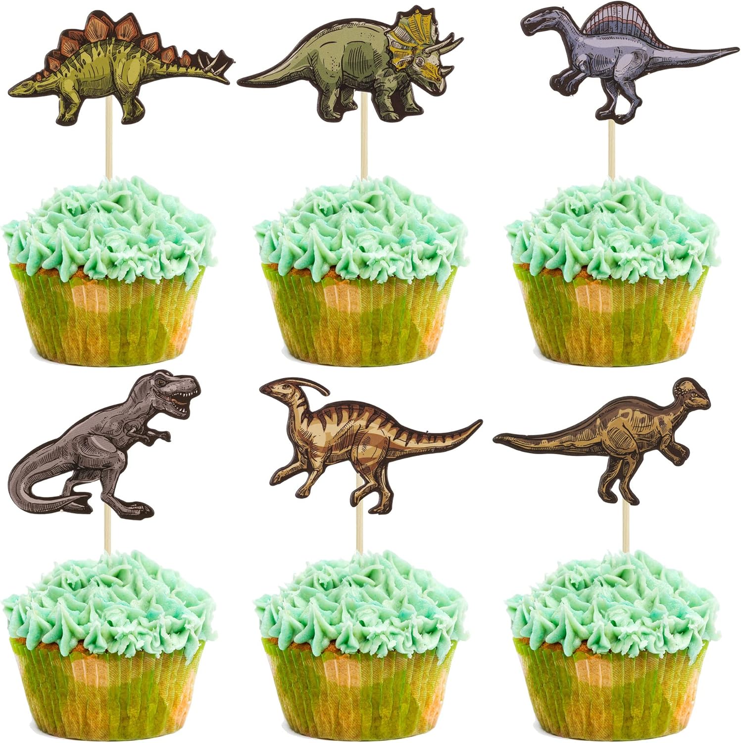 Ephlyn 36 piece dinosaur cupcake topper set front view