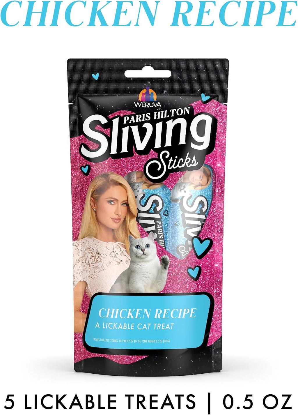 Close up of Weruva Sliving Sticks chicken cat treat packaging