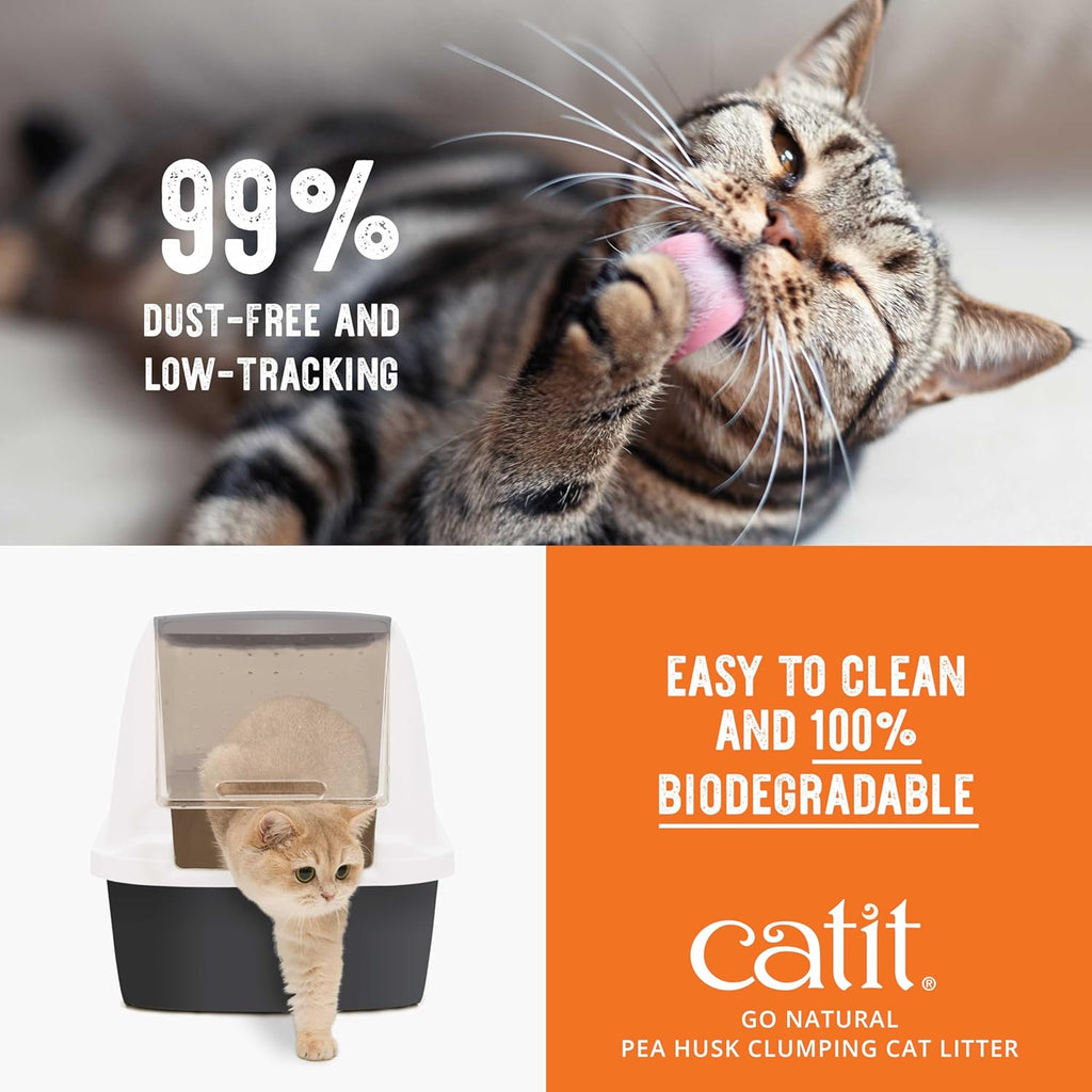 Cat using litter box filled with Catit pea husk litter