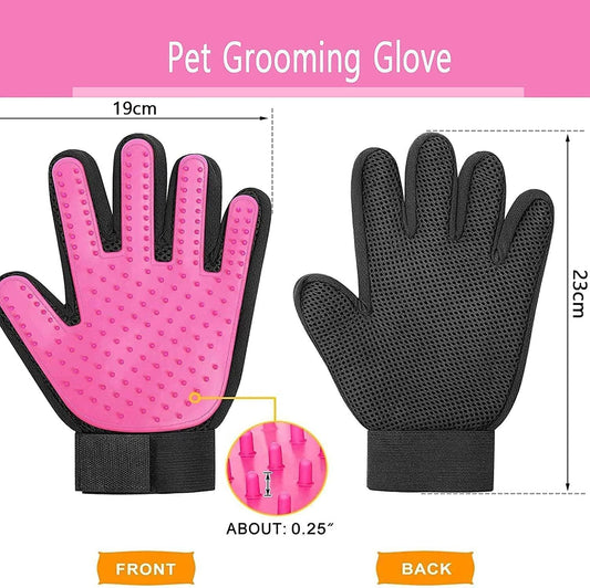 Pink deshedding brush glove being used to stroke and remove loose fur from a long-haired cat