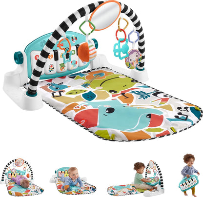 Fisher-Price Glow and Grow Kick and Play Piano Gym blue variant front view showing musical keys and arch.
