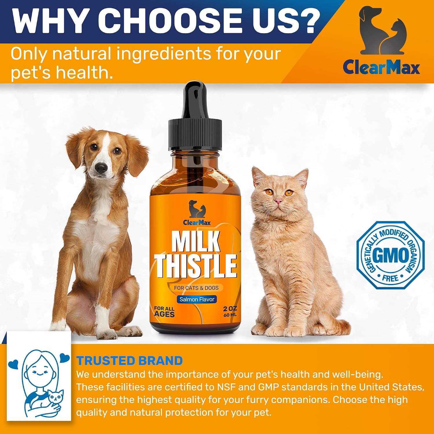 Clear Max non GMO herbal pet liquid showing dosage directions for cats and dogs