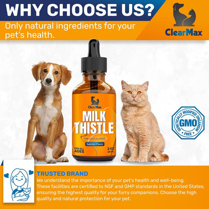 Clear Max non GMO herbal pet liquid showing dosage directions for cats and dogs