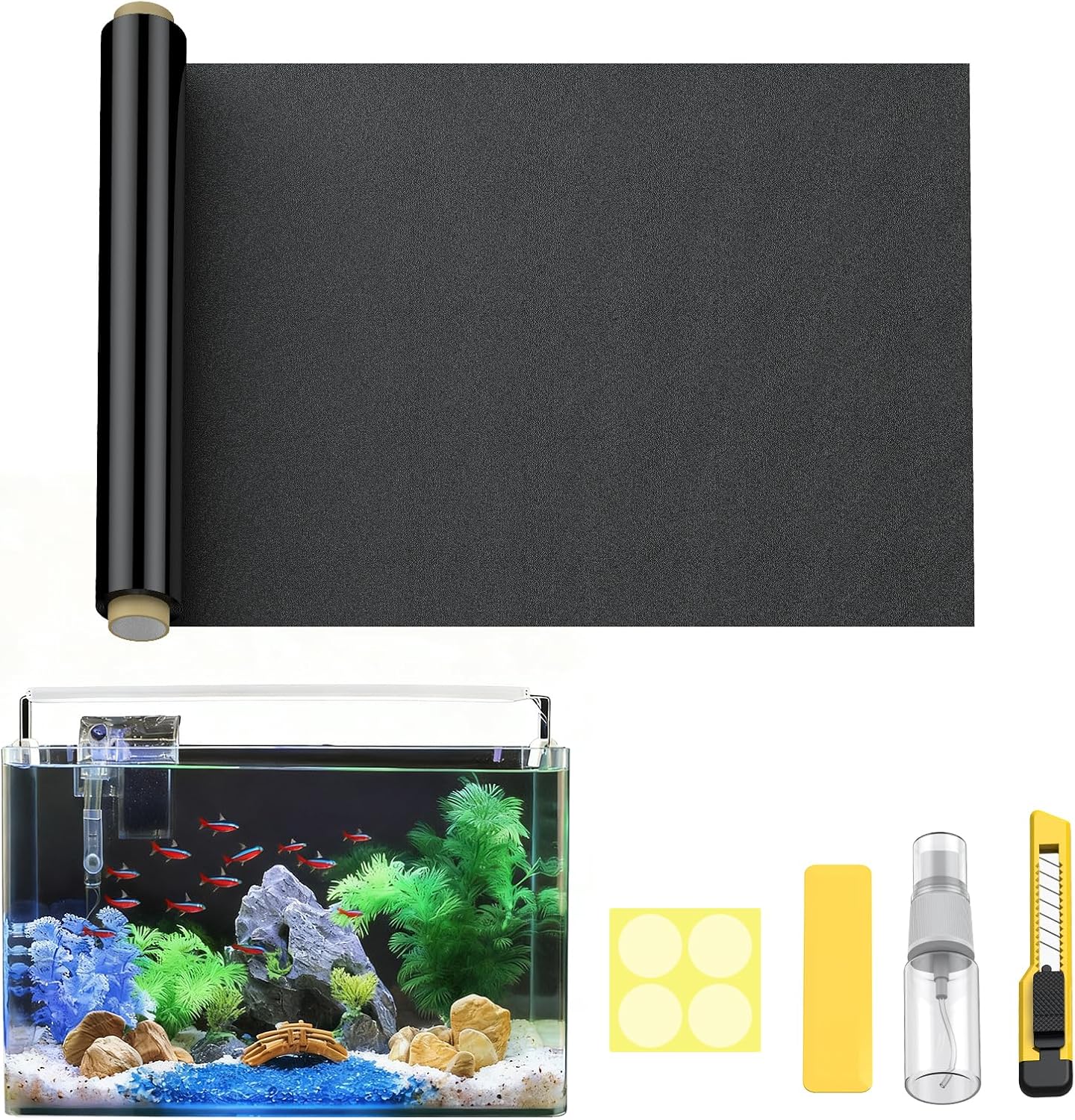 Pawfly Black Aquarium Background front packaging view showing the static cling film roll.