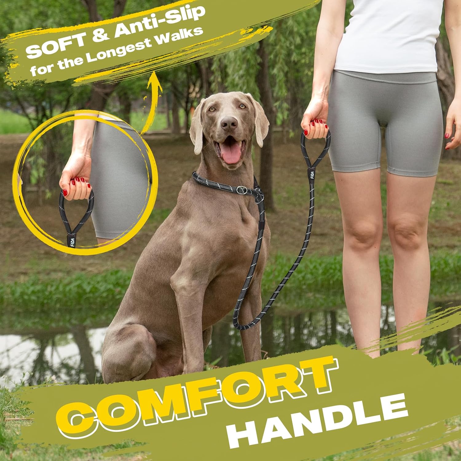 Premium dog rope leash loop mechanism highlighting the smooth metal ring sliding action.
