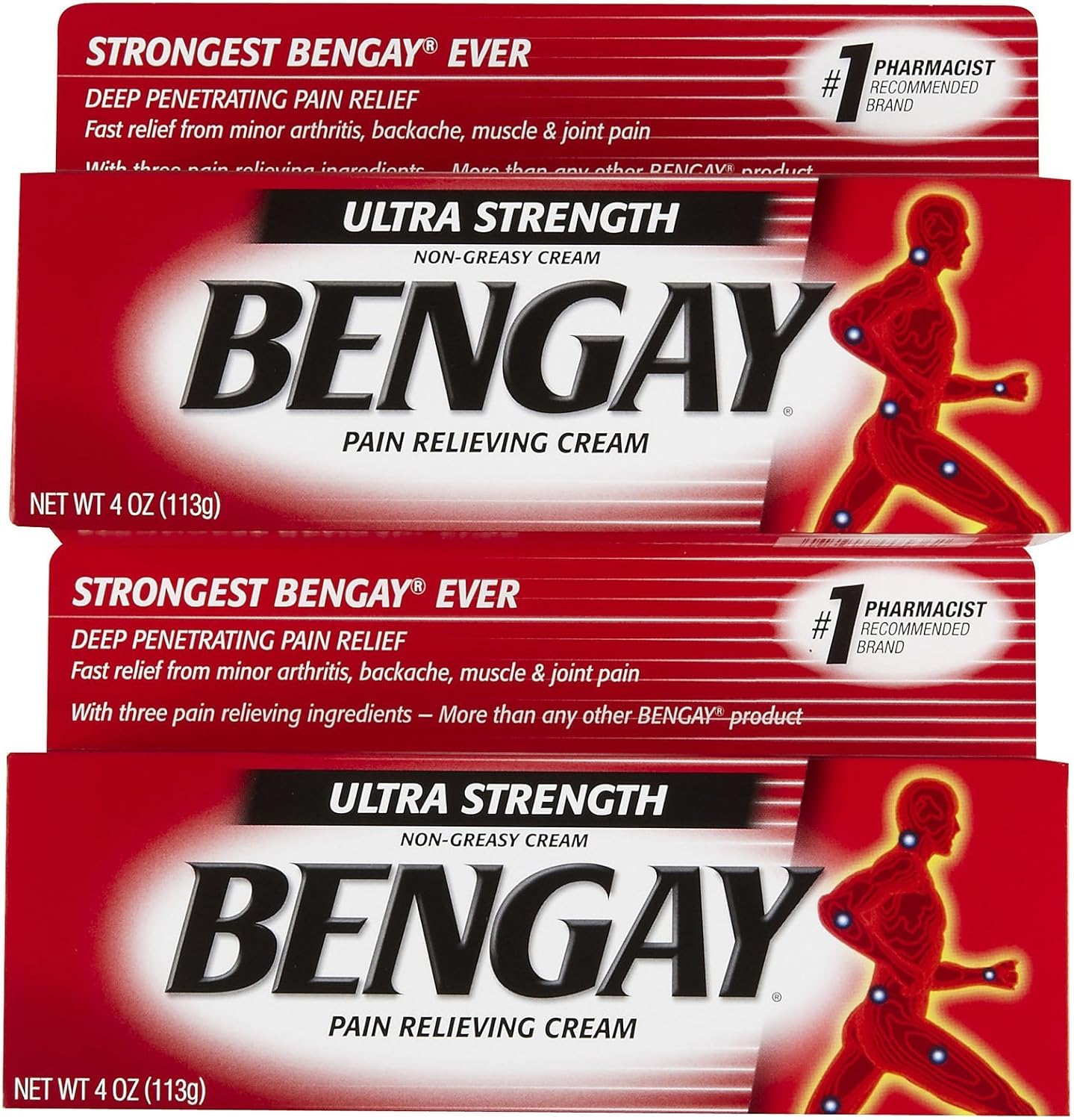 Bengay Ultra Strength Pain Relieving Cream twin pack front view showing packaging details.
