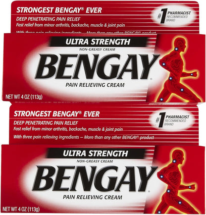 Bengay Ultra Strength Pain Relieving Cream twin pack front view showing packaging details.