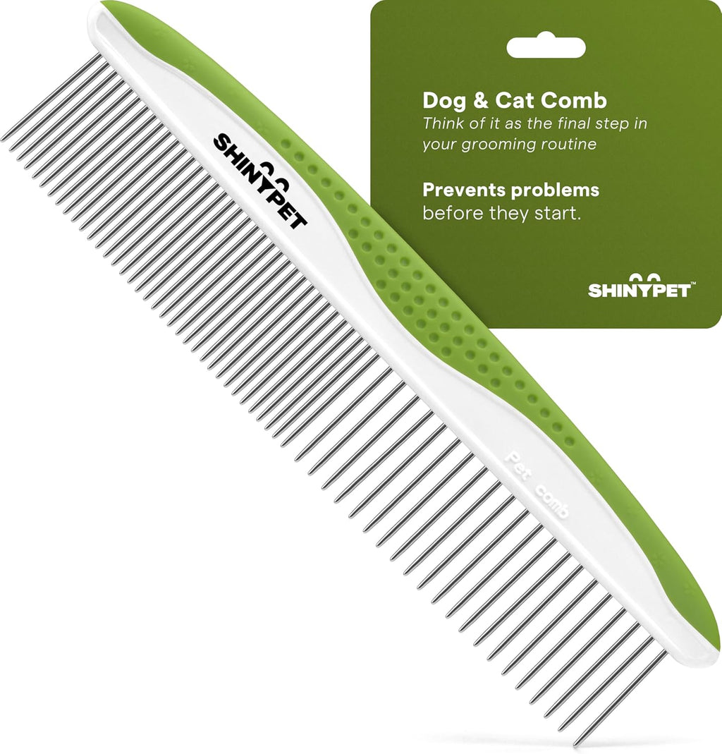 Shiny Pet dog and cat comb front view showing stainless steel teeth for detangling pet fur.