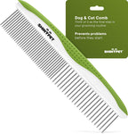 Shiny Pet dog and cat comb front view showing stainless steel teeth for detangling pet fur.