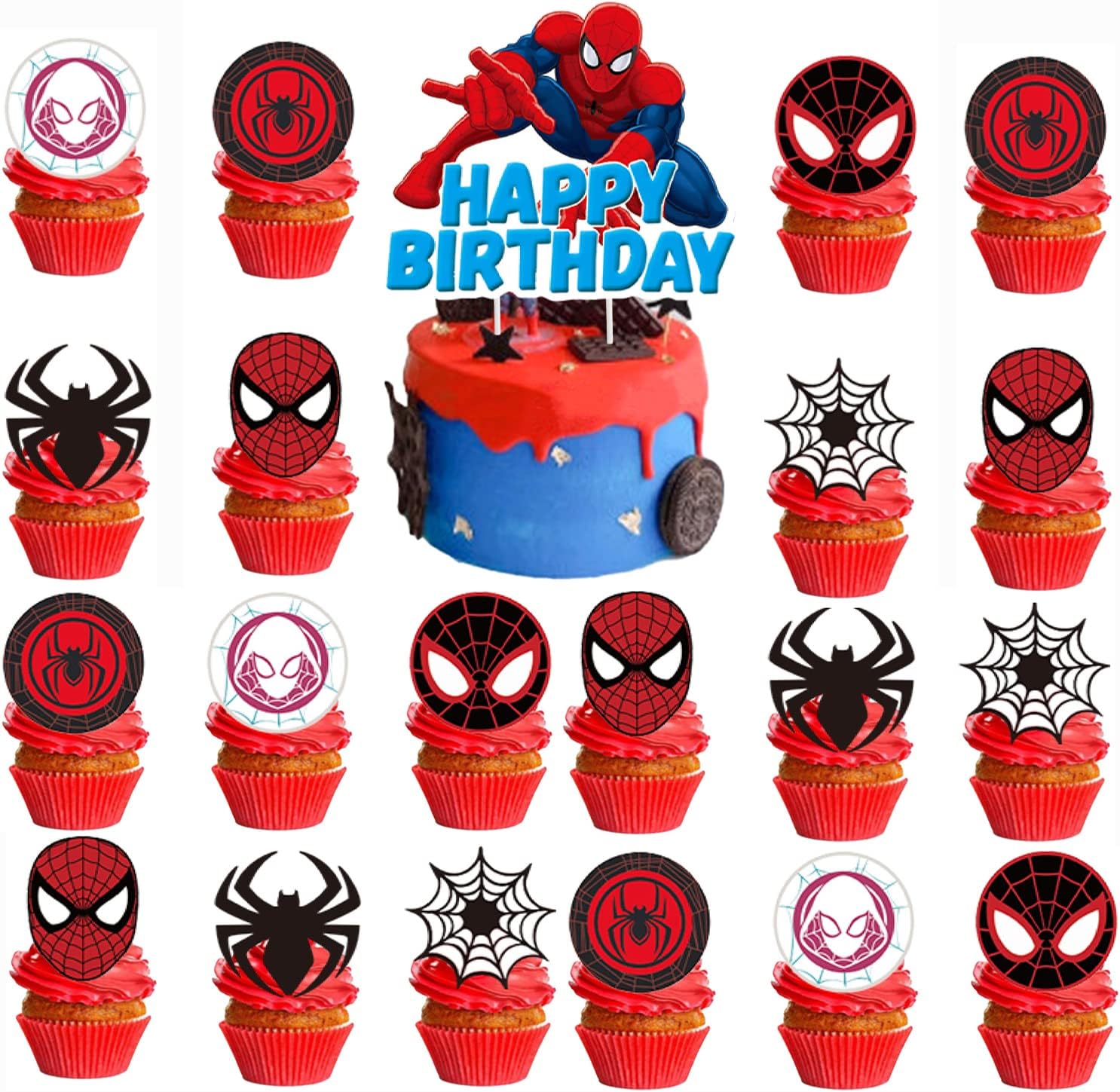Losede Spider-Man 25-piece cake and cupcake topper set front view