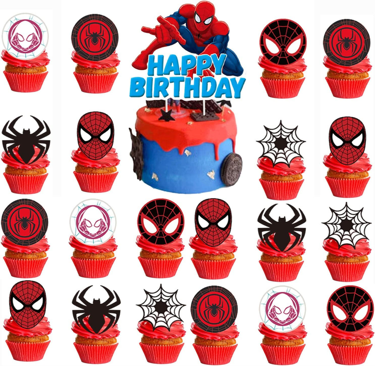 Losede Spider-Man 25-piece cake and cupcake topper set front view