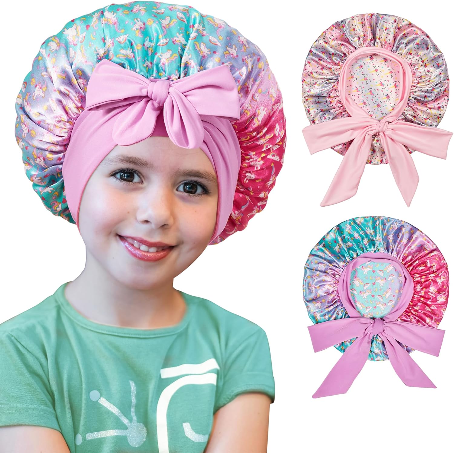 Choshion kids silk bonnets front view showcasing pink and unicorn rainbow print designs for hair protection.