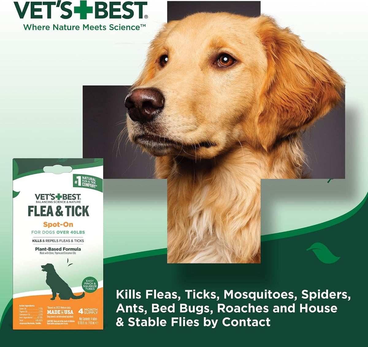 Natural botanical oils blend highlighting clove thyme and cinnamon protection in Vet's Best drops.