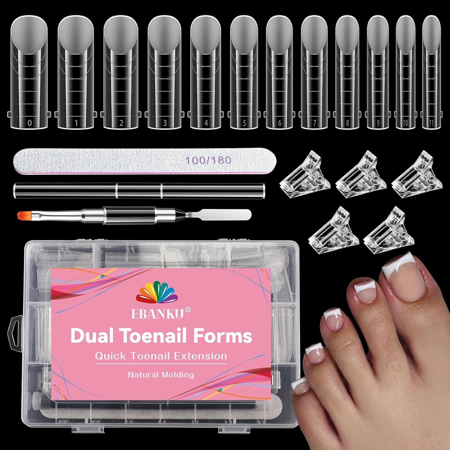 Ebanku Poly Gel Toe Nail Form Set front view with tools