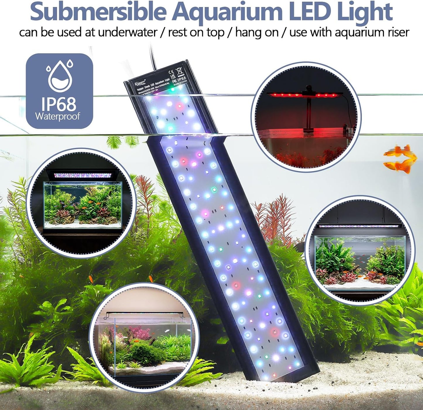 Hygger 14W aquarium lighting system highlighting the individual white, blue, red, green, and pink LED color beads.