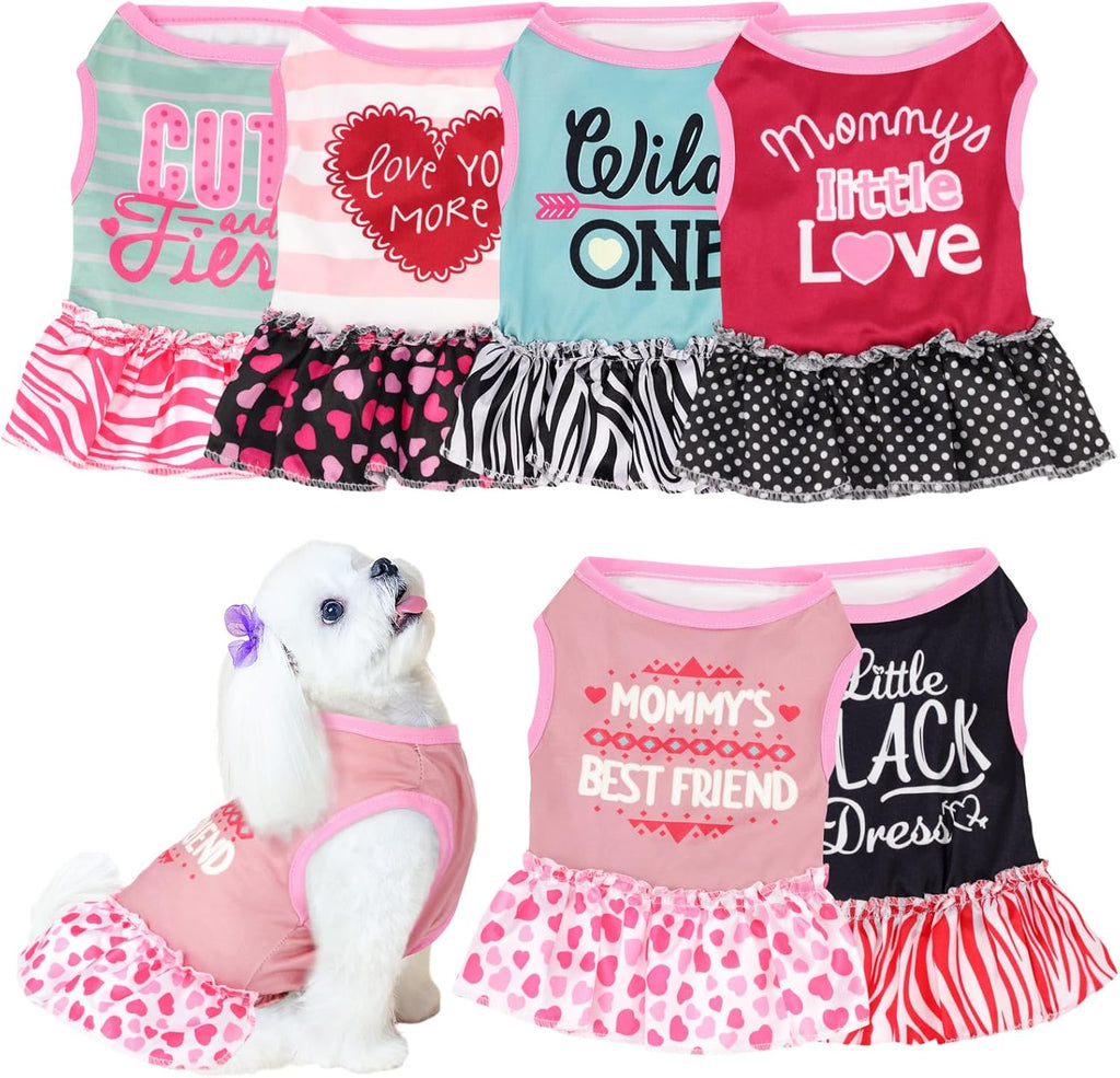 Clysee girl dog clothes front view showing pink ruffle sundress with mommy's little love text