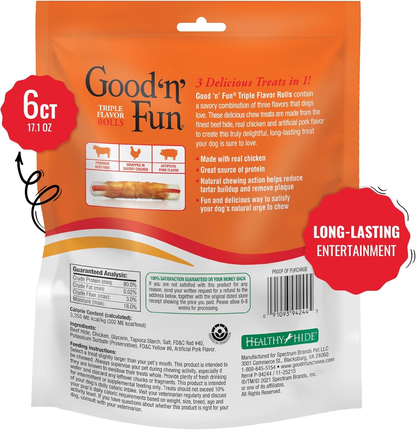 Premium pork chicken and beef hide flavored dog chews ingredients view