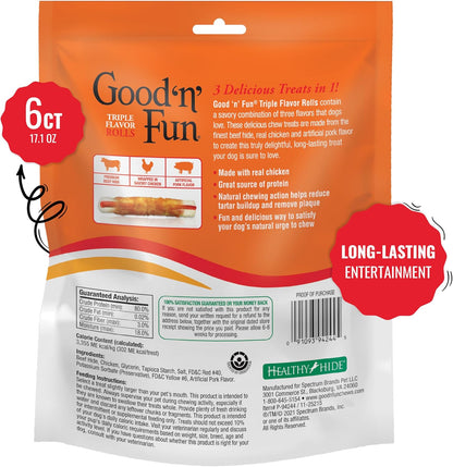 Premium pork chicken and beef hide flavored dog chews ingredients view