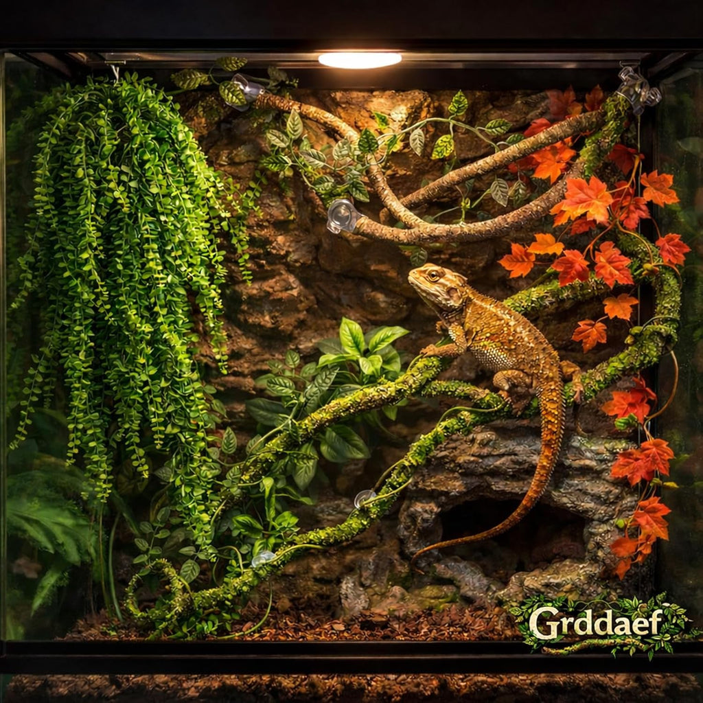 Bearded dragon habitat decorated with bendable green vines