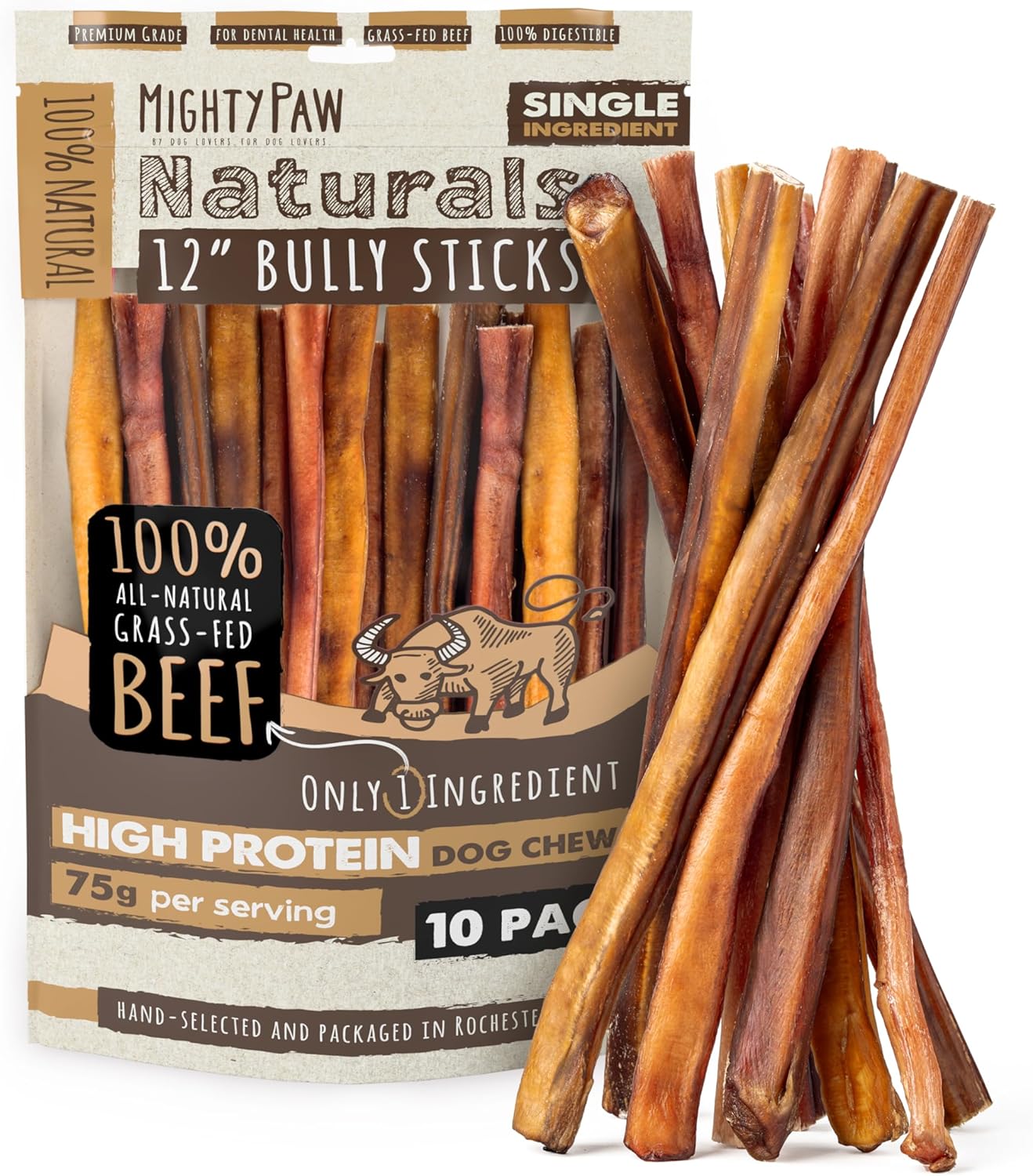 Mighty Paw Long Lasting 12" Bully Sticks for Dogs - All Natural Grass Fed Beef Chews. Lower Odor Dog Bully Sticks for Large Dogs, Medium and Small Breeds. Single Ingredient Treats - Image 13