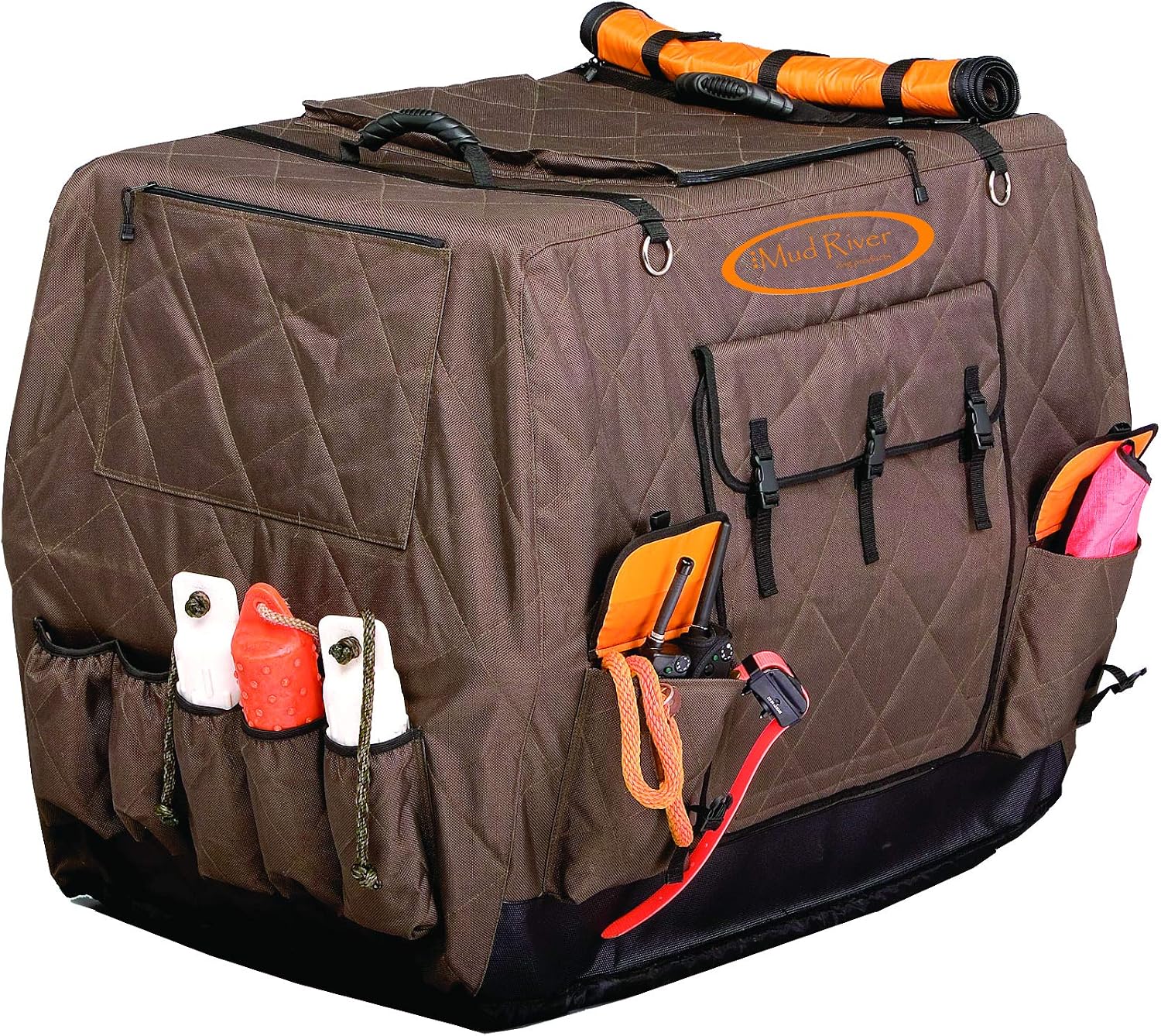 Mud River Dixie Insulated Dog Kennel Cover front view showing the premium brown heavy duty weather resistant exterior shell.