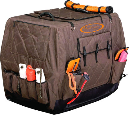 Mud River Dixie Insulated Dog Kennel Cover front view showing the premium brown heavy duty weather resistant exterior shell.