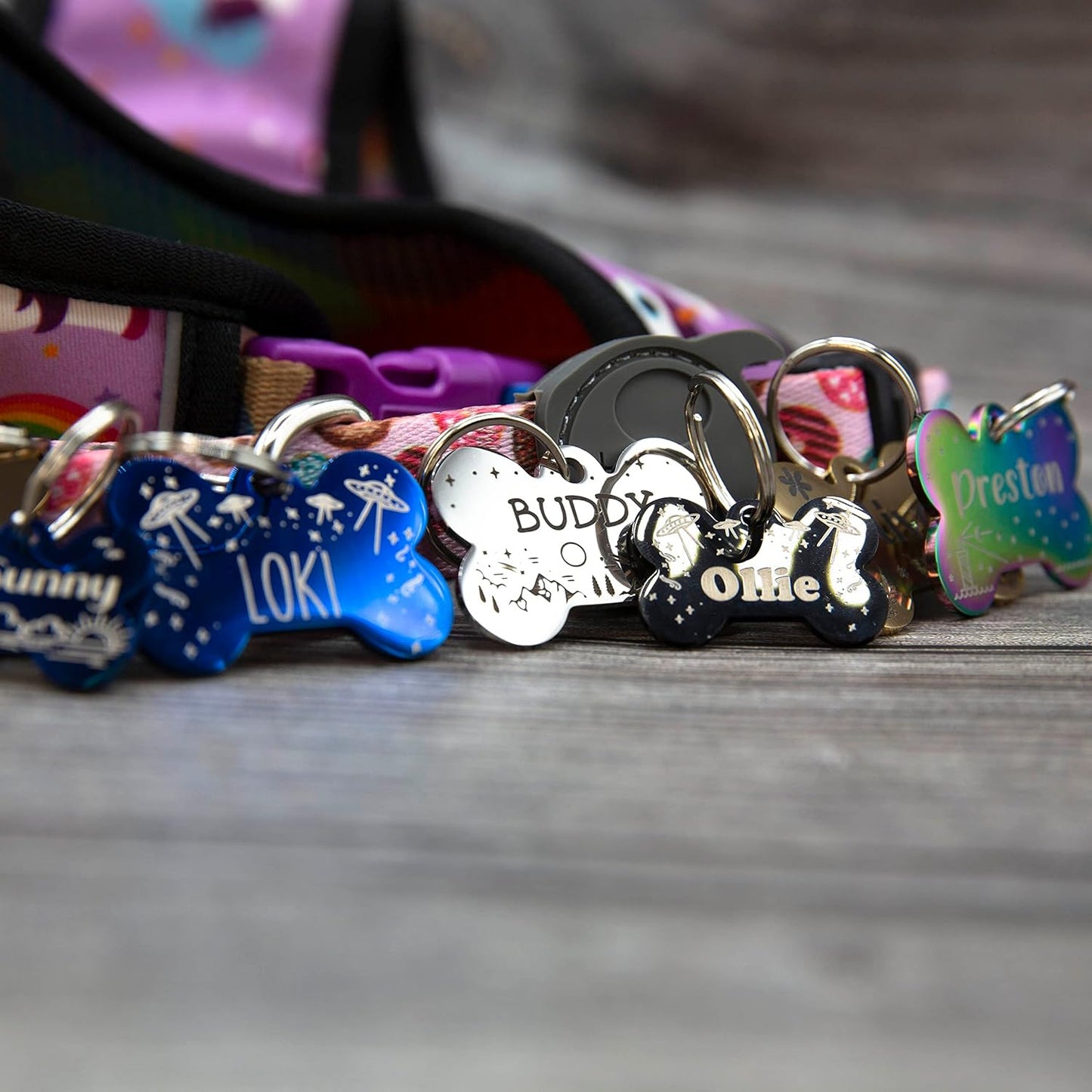 PetANTastic double sided custom laser engraved steel pet tag close up