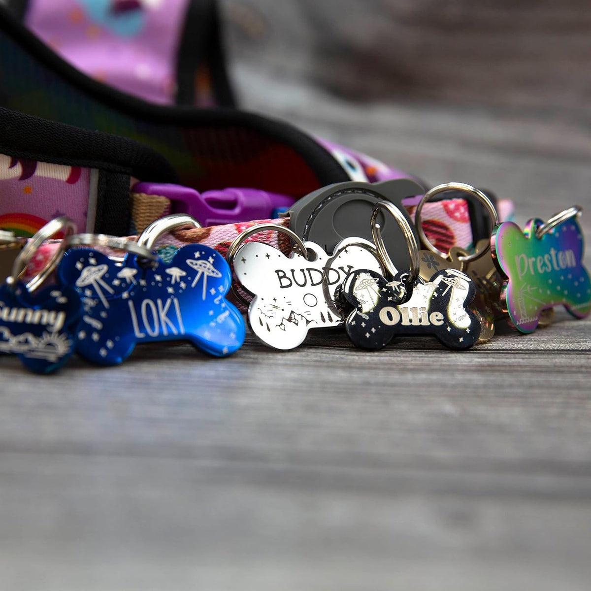 PetANTastic double sided custom laser engraved steel pet tag close up