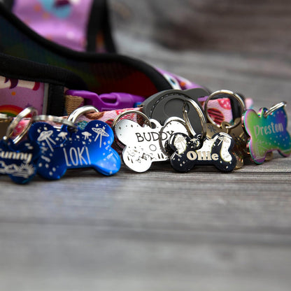 PetANTastic double sided custom laser engraved steel pet tag close up