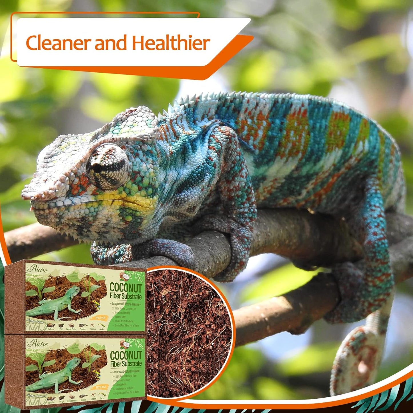 Riare premium reptile bedding packaging showing instructions and product dimensions