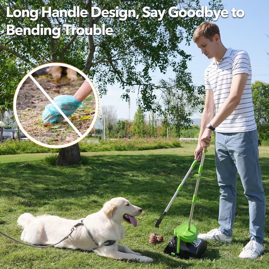Ergonomic heavy duty pooper scooper set standing upright in an outdoor yard