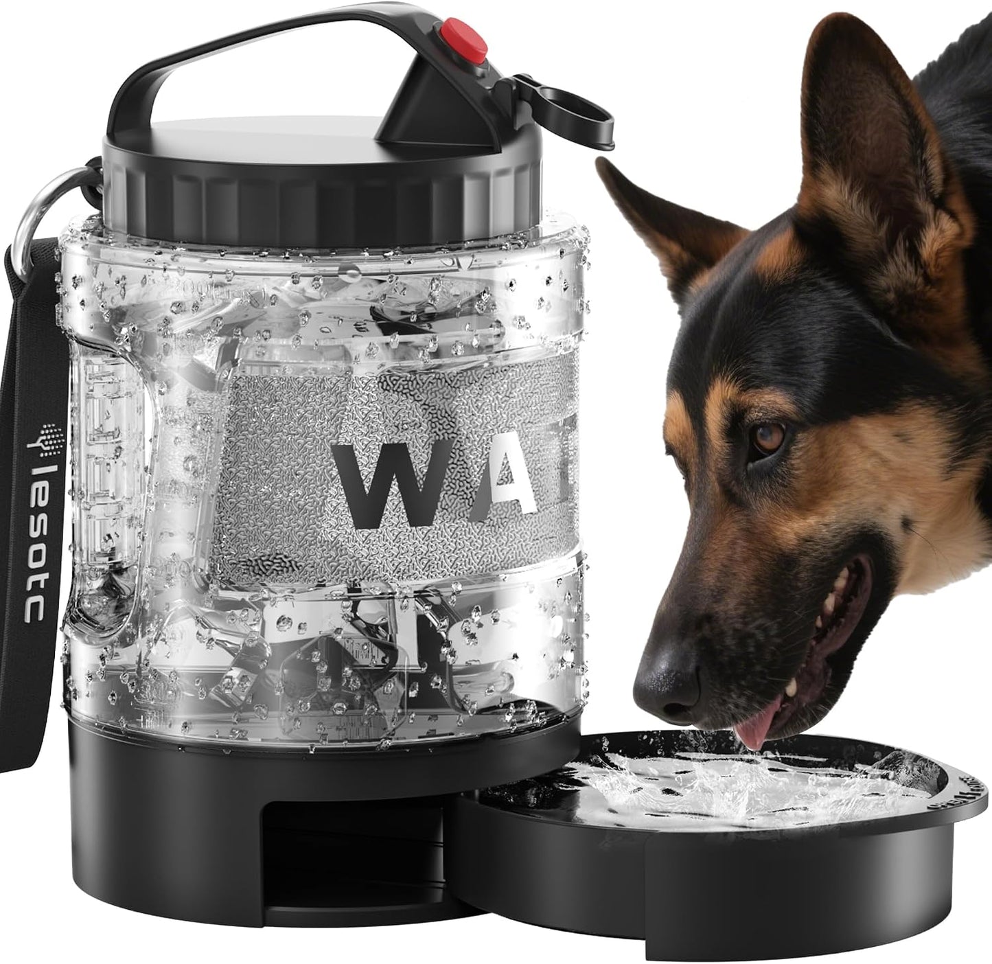 Lesotc portable dog water bowl dispenser front view with pull out tray extended
