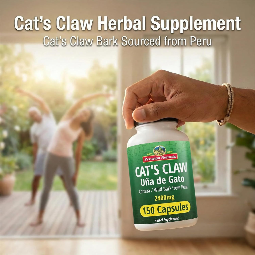 Back label of Peruvian Naturals Cat's Claw highlighting ingredients and dosage instructions