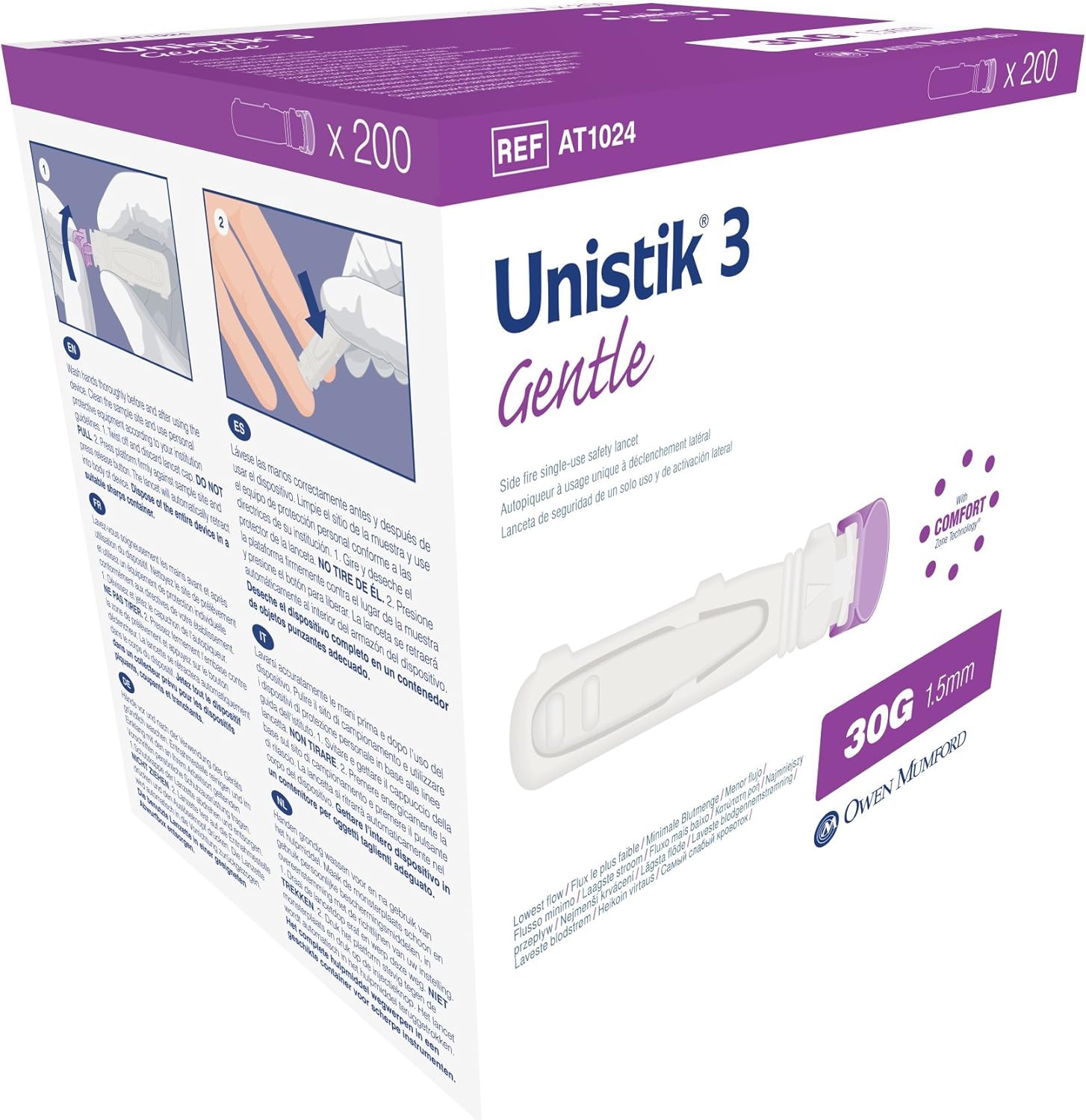 Owen Mumford Unistik 3 Safety Lancets 30G front packaging view