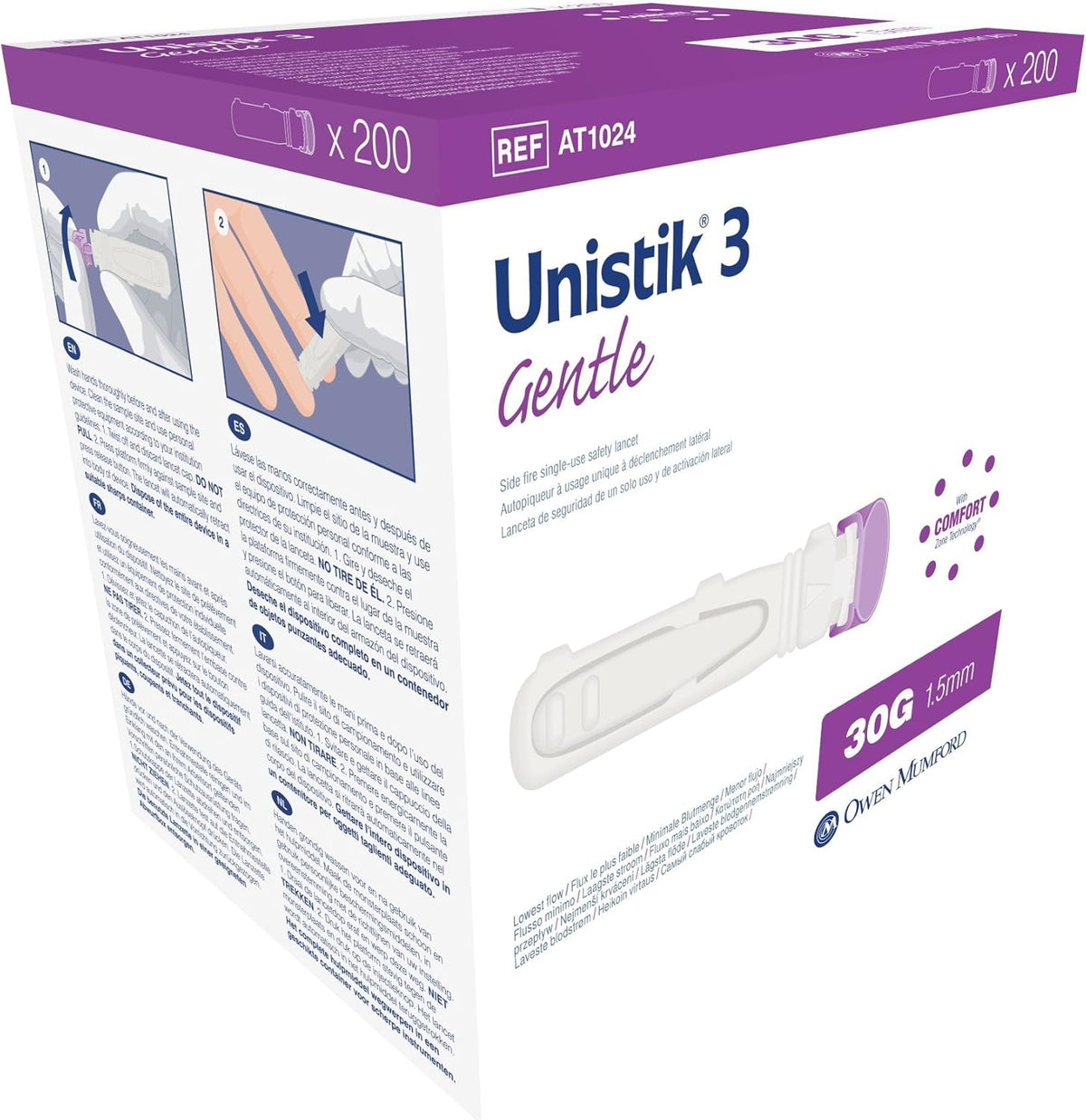 Owen Mumford Unistik 3 Safety Lancets 30G front packaging view