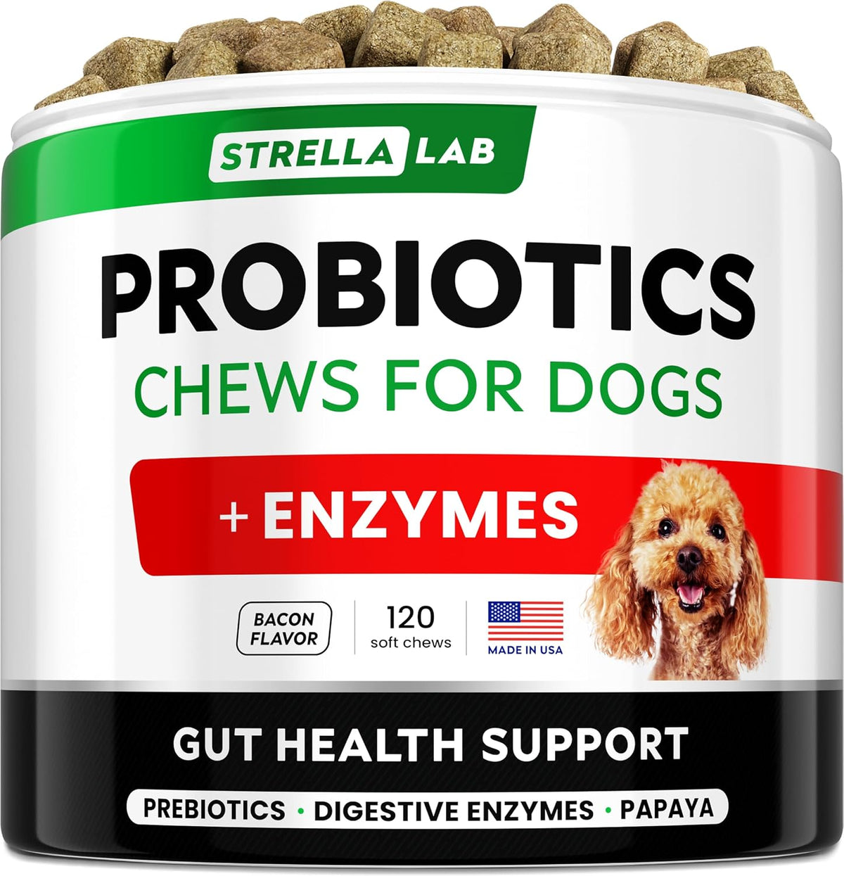 Dog eating Strellalab probiotic digestive treat