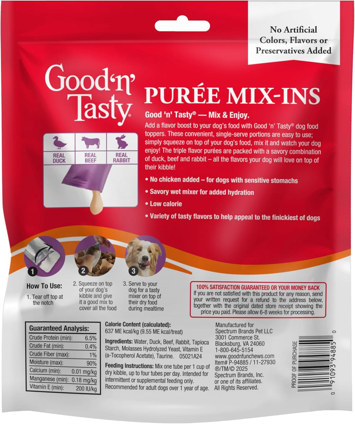 Good 'n' Tasty dog food topper single serve puree pouches displayed