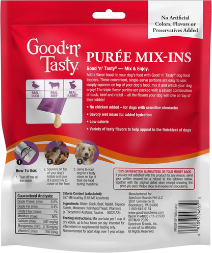 Good 'n' Tasty dog food topper single serve puree pouches displayed