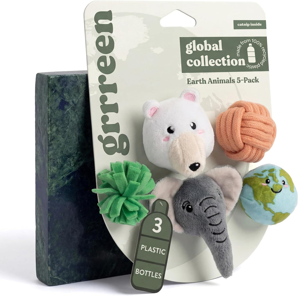 GRRREEN Plush Earth Animals Cat Toy 5-Pack front packaging view