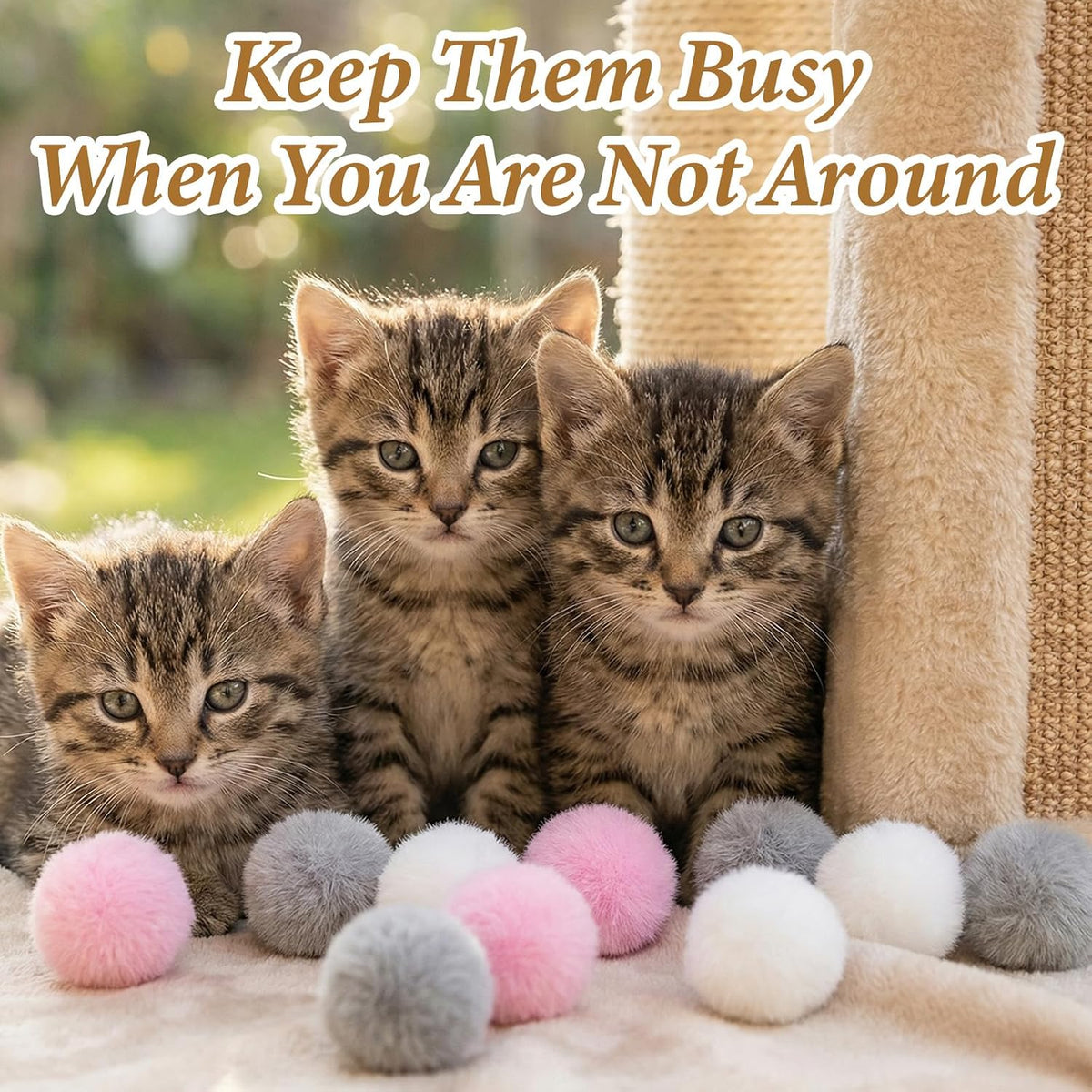 Abeillo 2.7 inch furry cat toys being held to demonstrate the ideal size for kittens and adult cats.