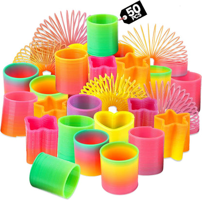 Bedwina rainbow spring toy assortment pack of fifty front view showing colorful neon plastic coils