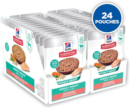Premium salmon and vegetable stew wet dog food formula inside a portion-controlled pouch.