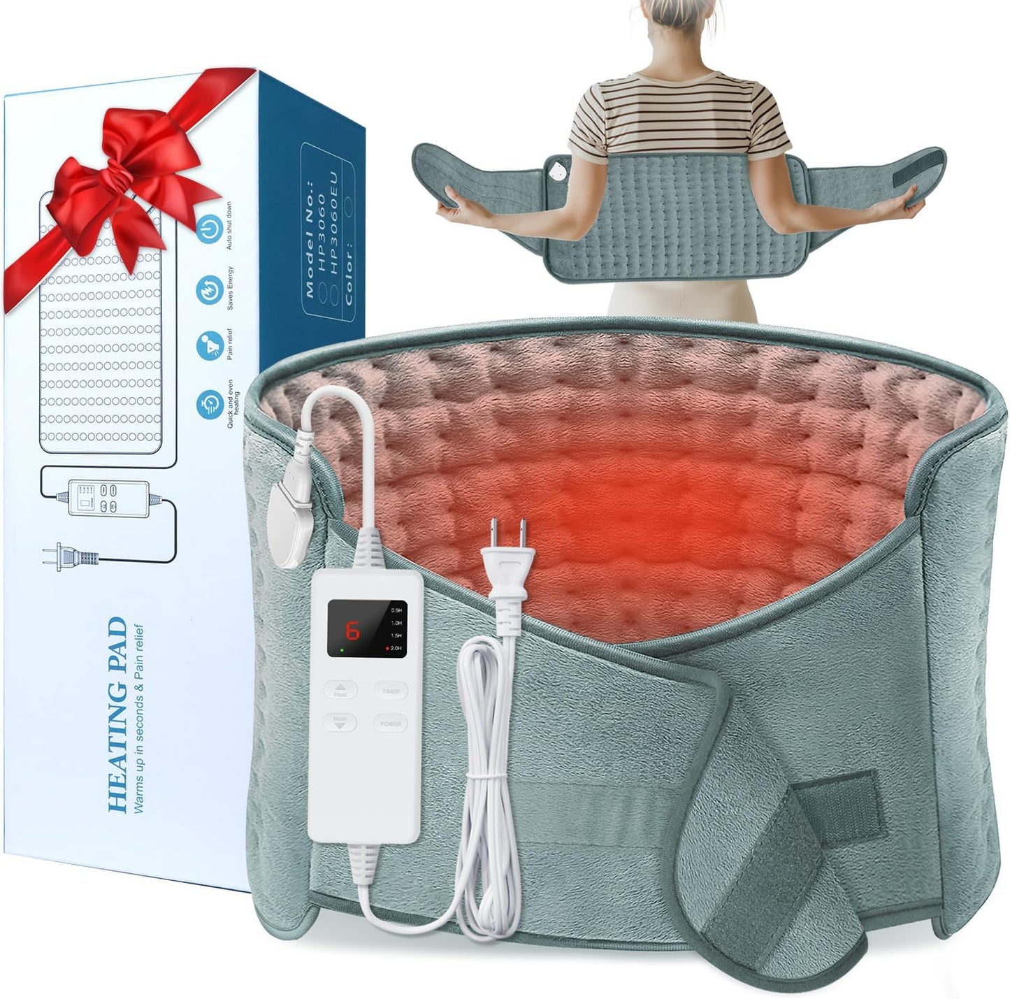 IGXHAVIZ electric heating pad front view in grey color showing the digital controller attached.