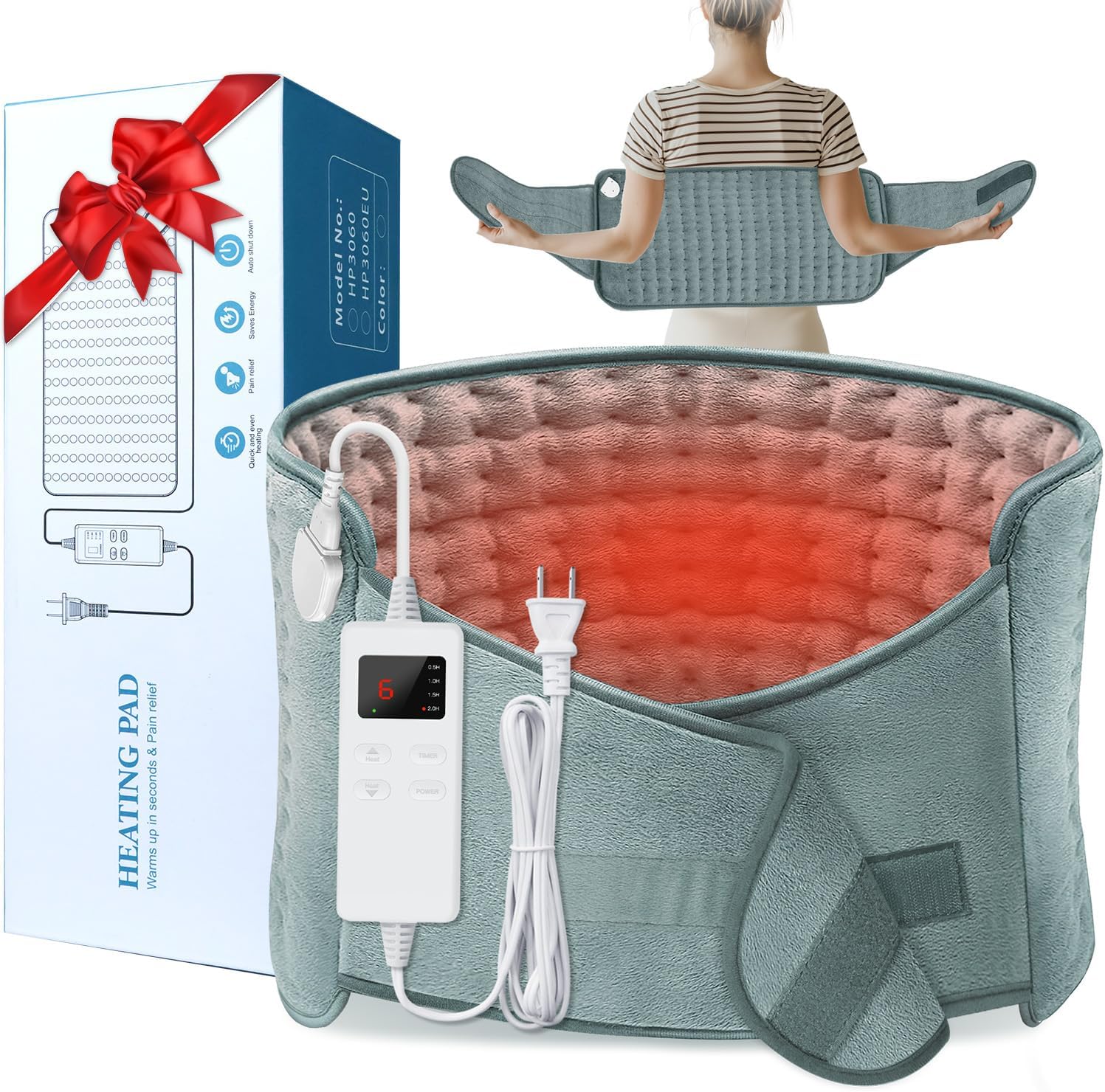 IGXHAVIZ electric heating pad front view in grey color showing the digital controller attached.