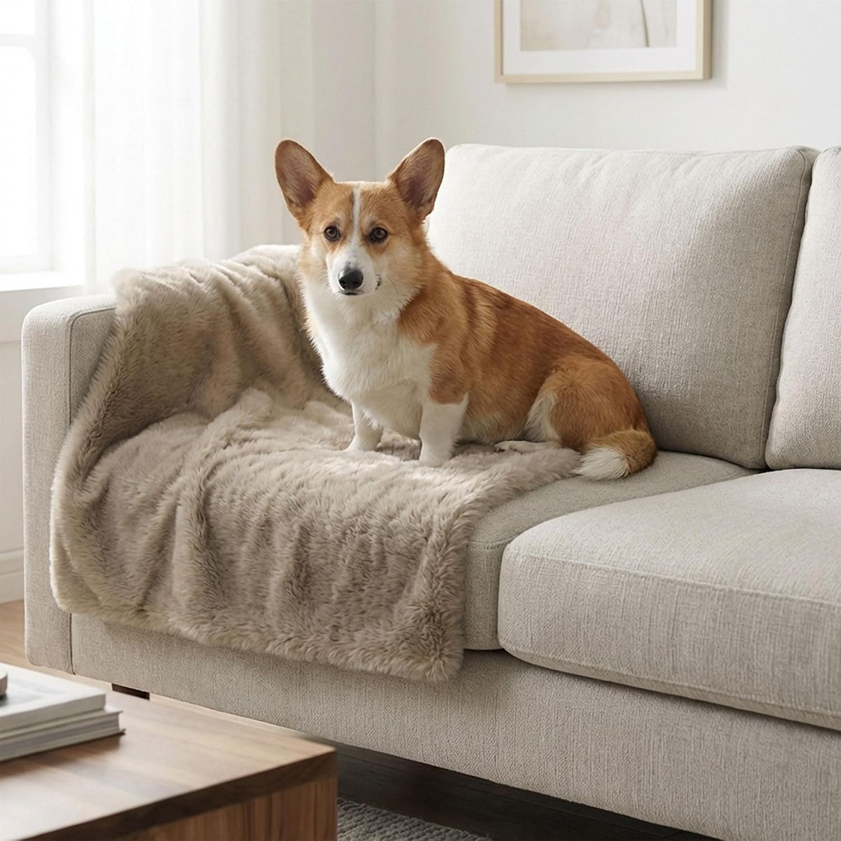 4 Cats & Dogs pet blanket draped over a living room sofa for furniture protection.